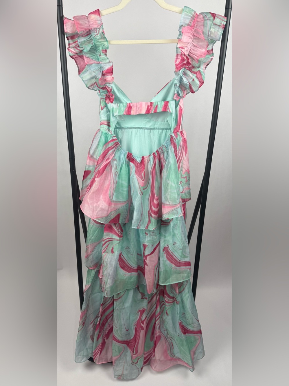 Karlie Aqua Pink Multi Swirl Organza Tiered Maxi Dress Ruffle Strap L NWT - Picture 6 of 8